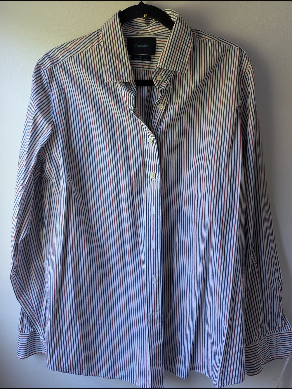 Façonable Striped Dress Shirt in White, Blue, and Red Size XL
